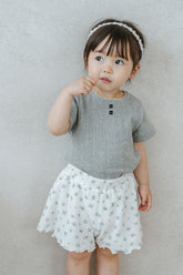 Toddler Wearing Avauma Le Petite Soft Gray Puff Sleeve Short Sleeve Top with Eyelet Skirt, Soft Knit Fabric
